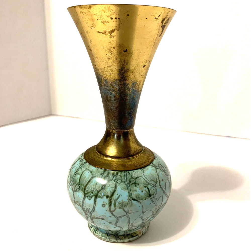 Vintage Hand Painted Ceramic‎ and Brass Delft Bud Vase Holland Marked